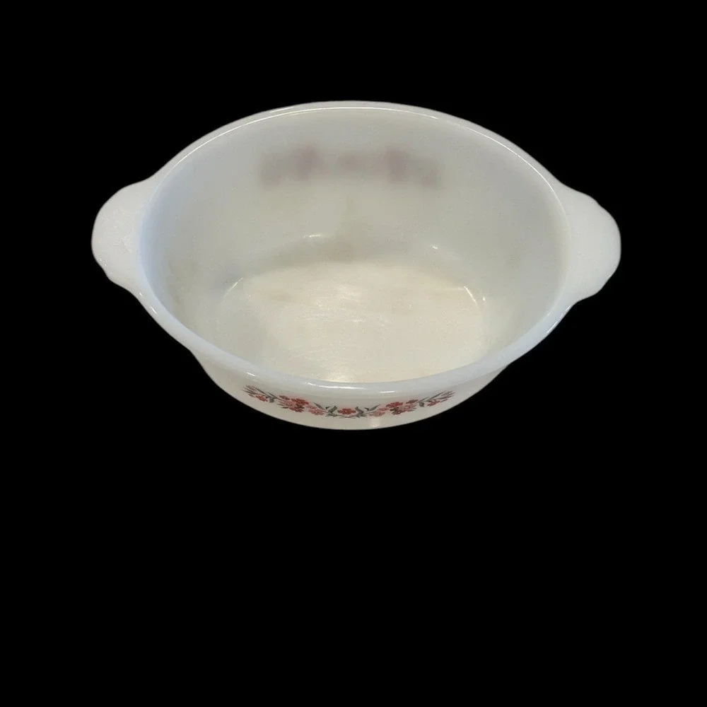 Fire King 467 White Milk Glass Baking Dish Primrose Pink Red Flowers